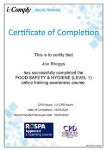 Food Hygiene (Level 1) Certificate Example