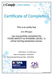 Food Hygiene (Level 1) Certificate Example Food Hygiene (Level 1) Certificate Example
