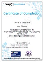 COSHH Training Certificate Example