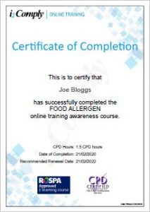 Food Allergen Awareness Certificate Example