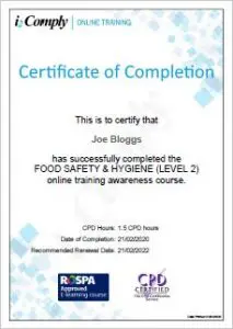Food Hygiene Certificate (Level 2) Example