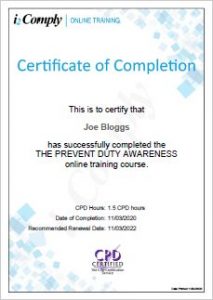 Prevent Online Training Certificate Example