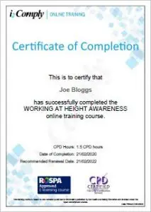 Working at Heights Online Course Certificate Example
