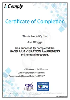 HAVS Training Course Certificate Example