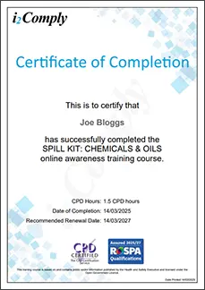 Spill Kit Training Course Certificate Example